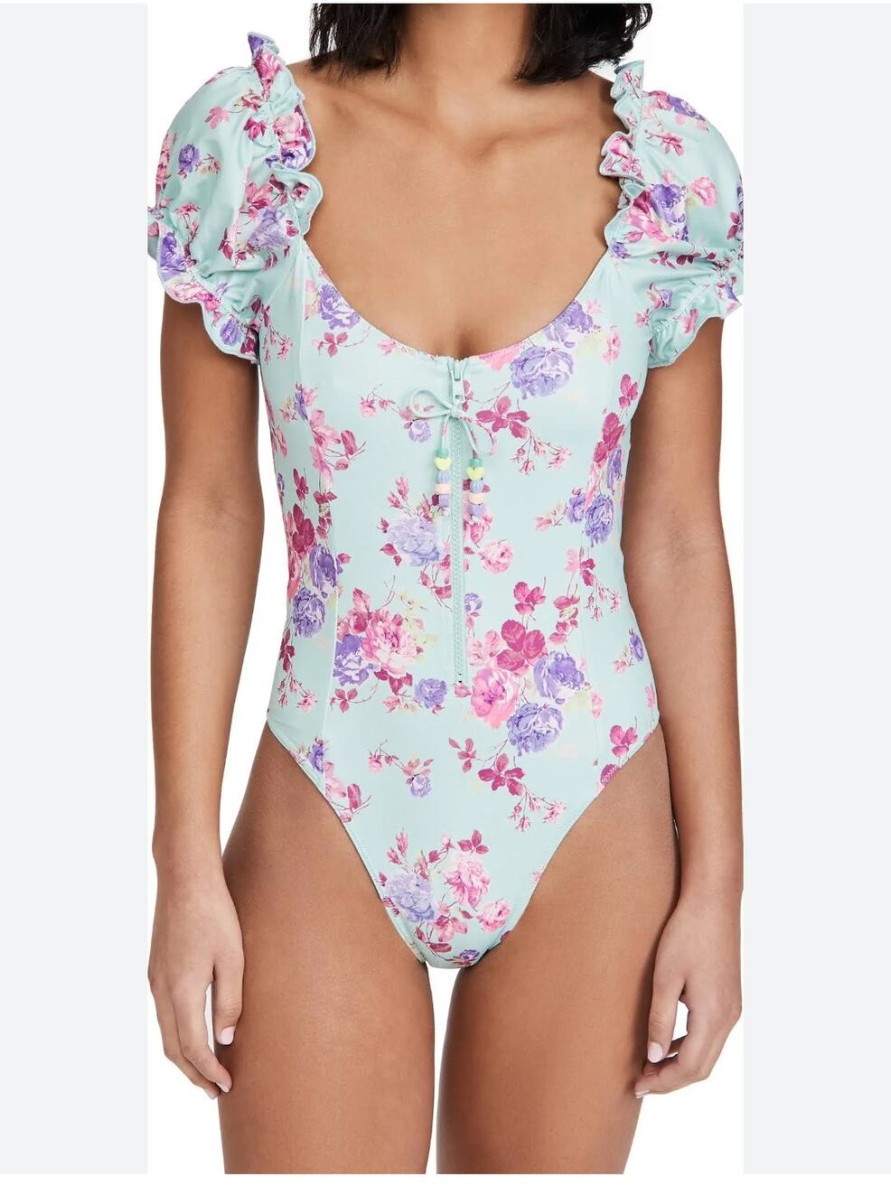 LoveShackFancy Fantasia Turquoise Floral One Piece Swimsuit NWT